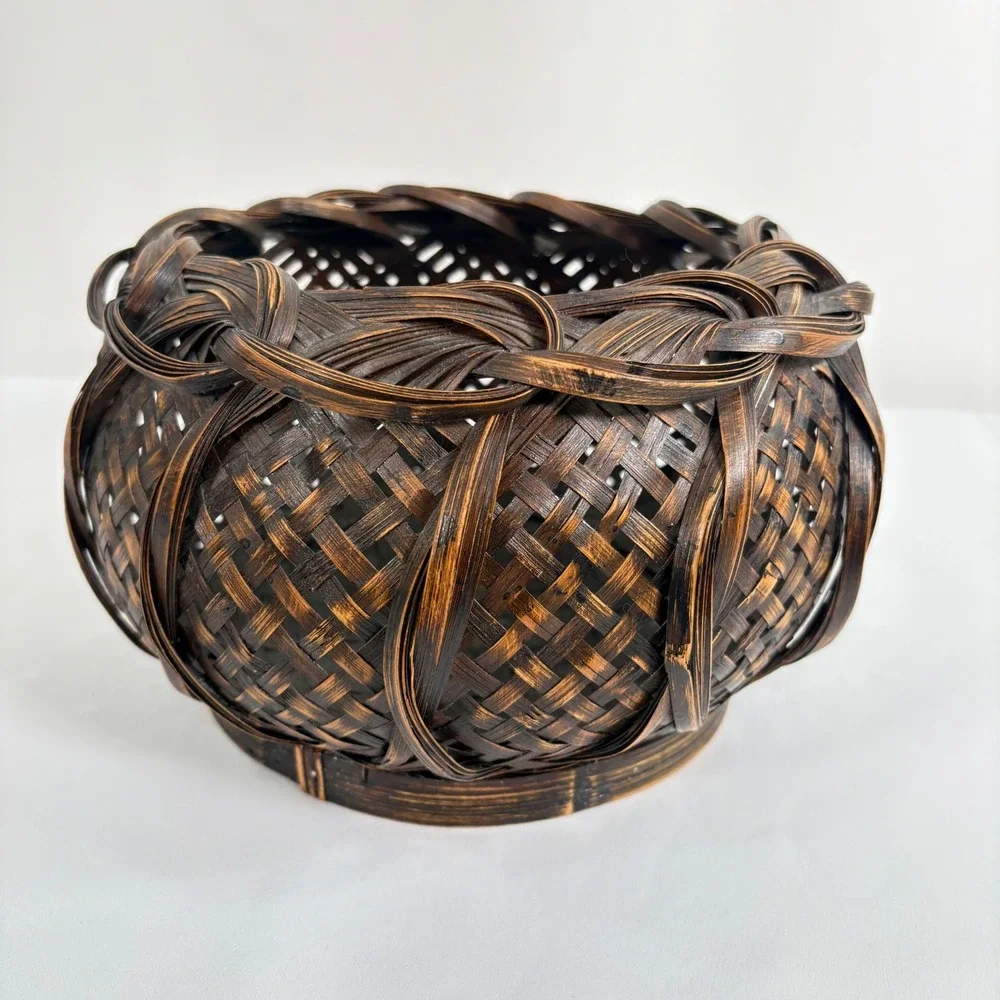 Vintage 80s Woven Bamboo Basket Brown Copper Braided Rim Decorative Bowl